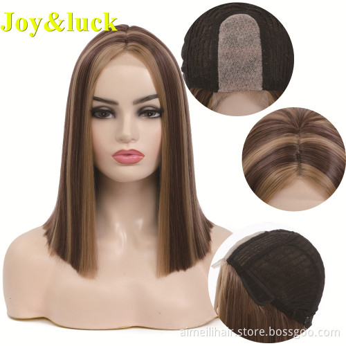 Wholesale Piano Wig Brown Highlight Blonde Front Lace Middle Part Short Bob Cut Natural Straight Lace Front Synthetic Hair Wigs
